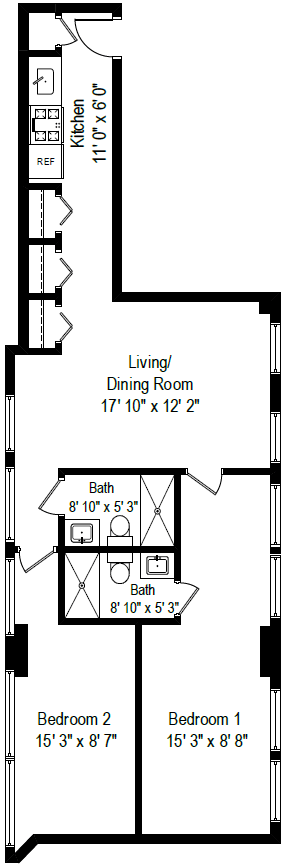 Floor plan for 2 beds, 2 baths, 712 sqft